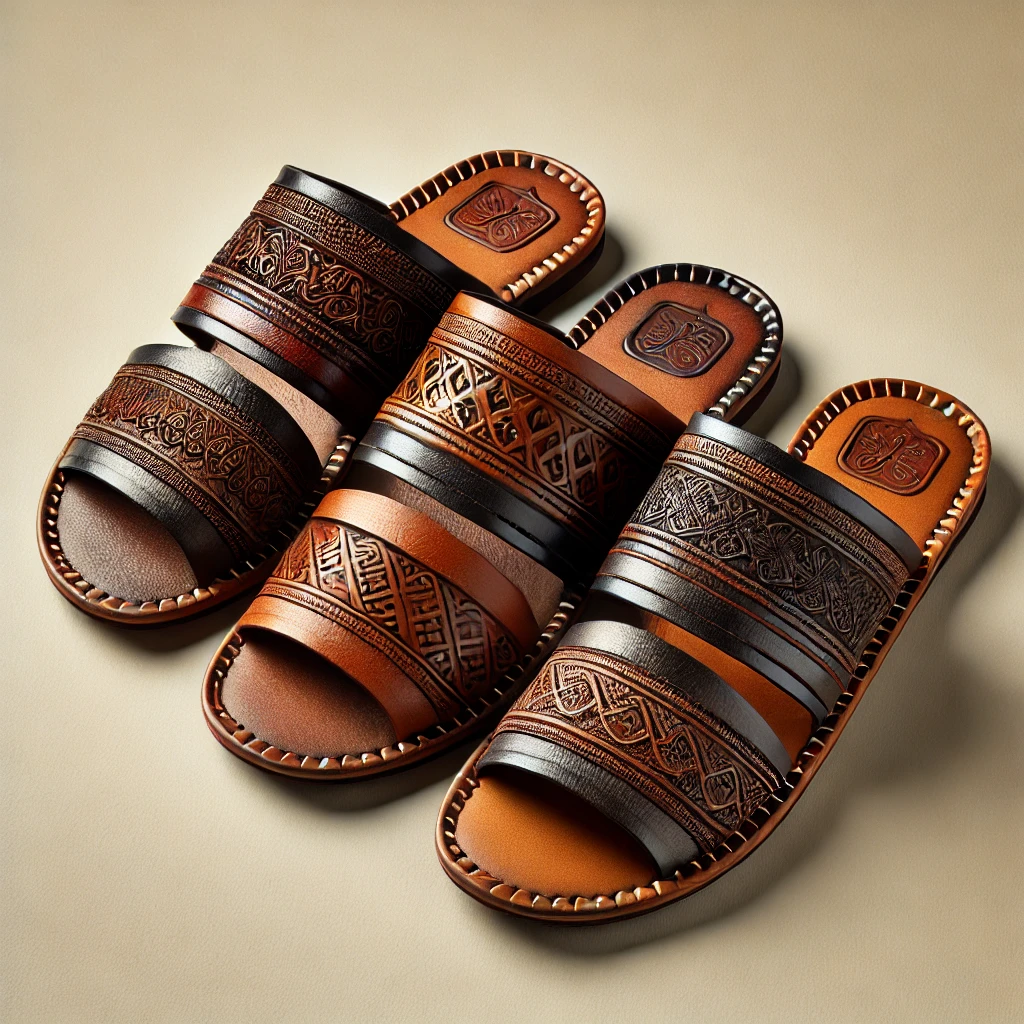 DALL·E 2025-01-15 05.50.05 - A set of three stylish Peshawari chappals displayed on a plain neutral background. The chappals should feature intricate traditional designs, high-qua