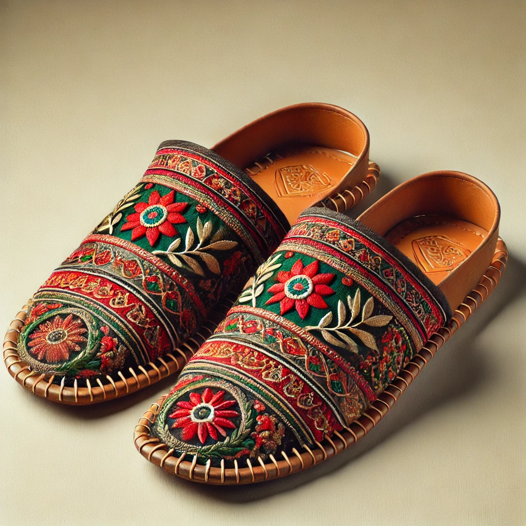 DALL·E 2025-01-15 05.51.39 - Two stylish Sindhi Peshawari chappals displayed on a plain neutral background. The chappals should feature unique Sindhi-style embroidery and designs