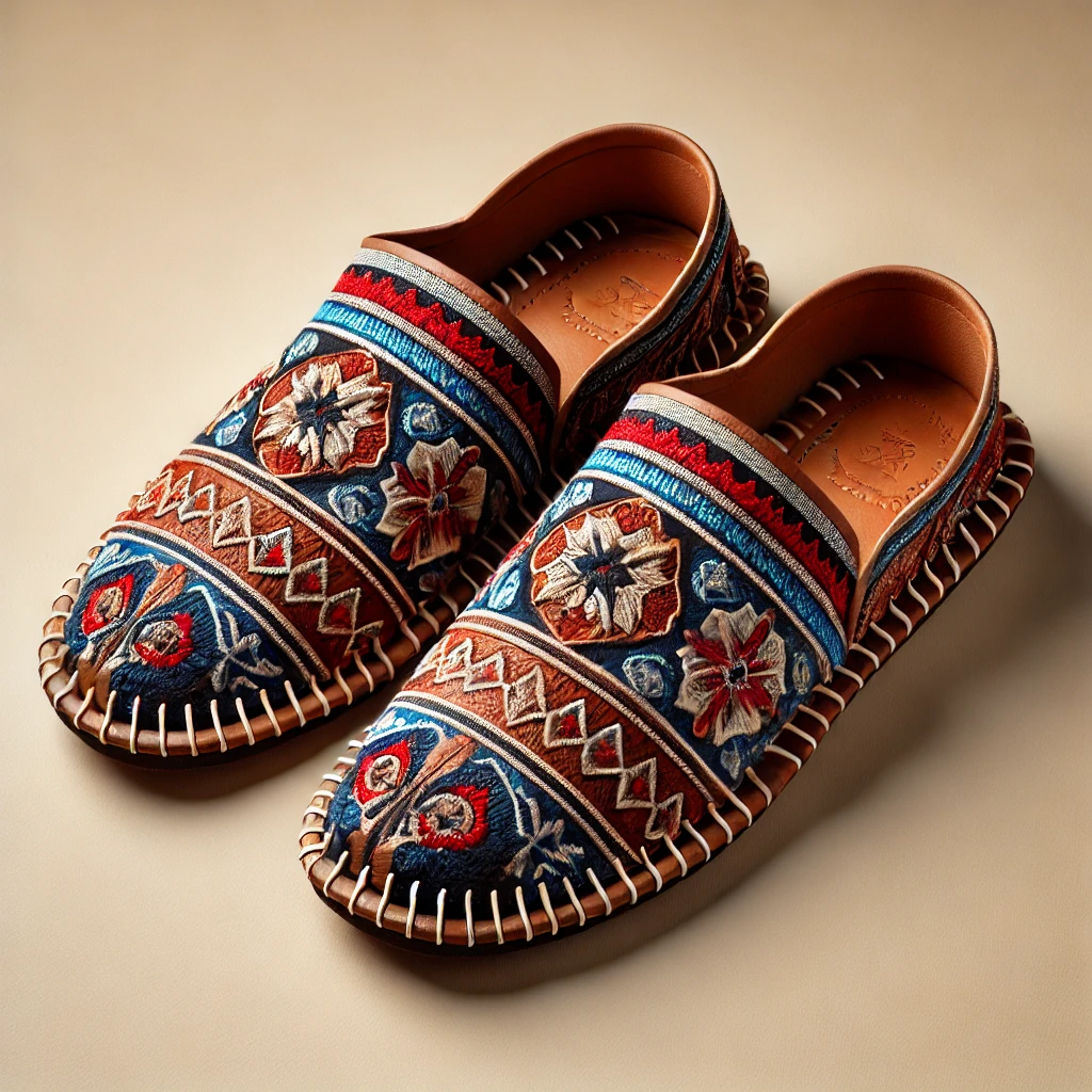 DALL·E 2025-01-15 05.51.57 - A stylish Balochi chappal displayed on a plain neutral background. The chappal should feature intricate and traditional Balochi embroidery patterns on